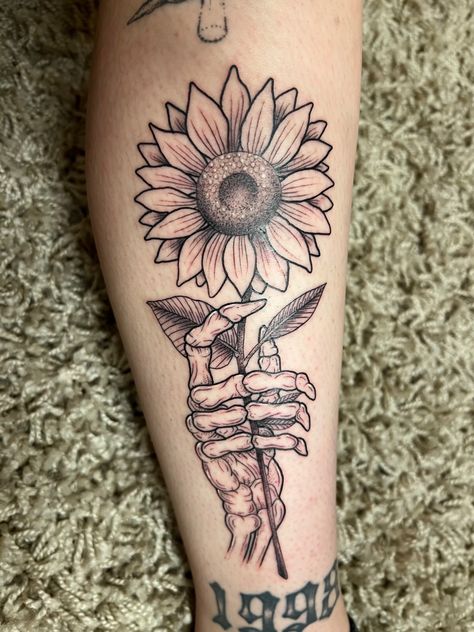 Sunflower With Snake Tattoo, Tattoo Ideas Arm Woman Sleeve, Skeleton Hand Holding Sunflower Tattoo, Sunflower Skeleton Tattoo, Spooky Sunflower Tattoo, Full Sleeve Floral Tattoos Women, Sunflower Woman Tattoo, Goth Sunflower Tattoo, Roses And Sunflowers Tattoo Half Sleeves