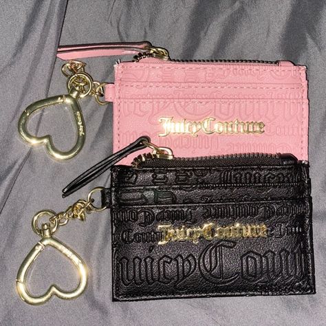 TWO adorable Juicy Couture small wallets with heart chain! Pink and Black. Juicy Couture Heart Wallet, Juicy Couture Card Holder, Juicy Couture Suitcase, Juicy Catore, Pink And Black Fashion, Juicy Couture Aesthetic, Juicy Wallet, Pink Wallets, Juicy Couture Clothes