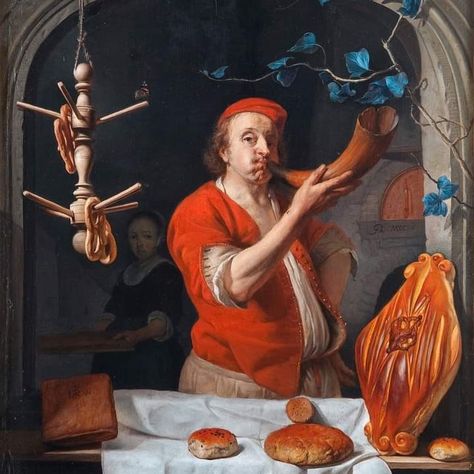 A Baker Blowing his Horn by Gabriël Metsu (Dutch, c.1660) Gabriel Metsu, Dutch Painters Golden Age, Dutch Golden Age, Baroque Art, Johannes Vermeer, Dutch Painters, Rembrandt, Vintage Artwork, Artwork Painting