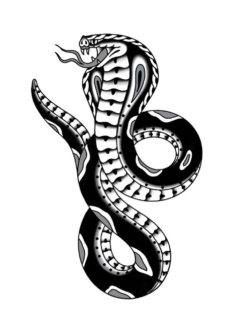 American Traditional Cobra Tattoo, Snake Tattoo Old School Black, Old School Snake Tattoo Design, Old School Black And White Tattoo, American Traditional Snake Tattoo Black, Black And Gray American Traditional, Traditional Tattoos Snake, Classic Tattoo Old School, Traditional Cobra Tattoo