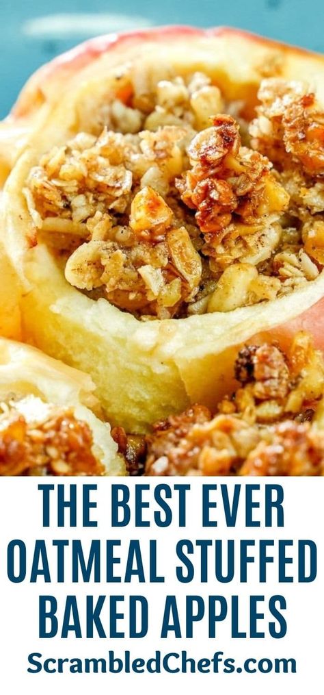 Baked apples with oatmeal filling and chopped walnuts are the perfect sweet treat for dessert or even a special breakfast! Oatmeal Baked Apples, Baked Apples With Oatmeal Topping, Baked Apples With Oatmeal Filling, Stuffed Apples Baked, Stuffed Baked Apples Recipe Oven, Oatmeal Apple Bake Breakfast, Apple Oatmeal Bake Breakfast, Oatmeal Bake Apple, Oatmeal Stuffed Baked Apples