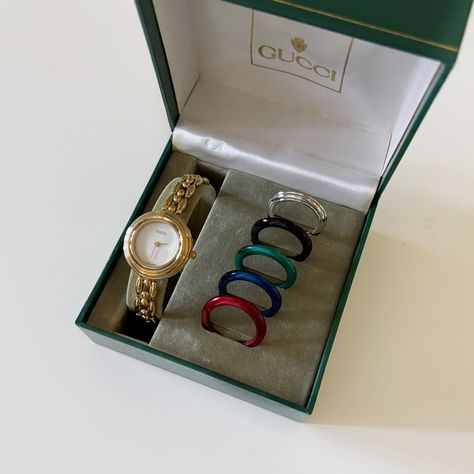 SOLD** Gucci interchangeable bezel gold plated watch from the 90s Gold Plated Watch, Vintage Watches Women, Women Watches, The 90s, Vintage Watches, Womens Watches, Ruby, Gold Plate, Gucci