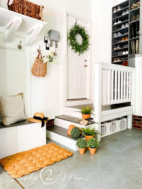 Does your home lack a mud room? This simple DIY project will help you build an affordable and functional garage drop zone. #organization #storage #shoes #ideas #cubbies #bench #farmhouse #hooks #beadboard Garage Drop Zone, Functional Garage, Garage Steps, Garage Stairs, Mud Room Garage, Garage Entryway, Garage Storage Inspiration, Garage Renovation, Garage Room