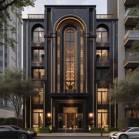 Exquisite Exterior Color Combinations with Champagne Gold and Ebony for a Touch of Glamour • 333k+ Inspiring Lifestyle Ideas Hotel Designs Exterior, Modern Art Deco Exterior, Luxury Building, Hotel Design Exterior, Art Deco Exterior Home, New Classic Residential Building, Classic Hotel Design Exterior, Building Facade Design, Neo Classical Apartment Exterior