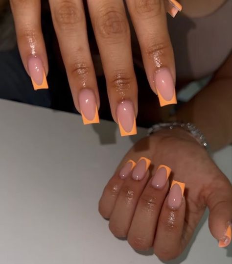 French Tip And Solid Nails, Tapered Square Nails Summer, French Tip Colors, French Orange, Pink Tip Nails, Henna Nails, Orange Nail, Shape Nails, Acrylic Nail Set