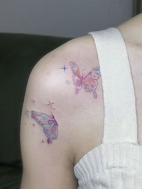 Simple Blue Tattoo, Pastel Butterfly Tattoo, Pink And Blue Butterfly Tattoo, Light Purple Butterfly Tattoo, Purple And Pink Butterfly Tattoo, Lil Tattoo, Butterfly Tattoo Blue And Purple, Tattoo Zone, Pastel Tattoo