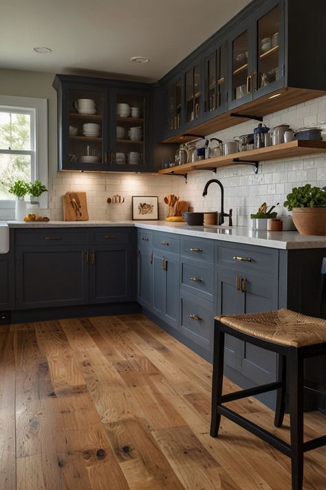 Fun Color Kitchen, Dark Gray Blue Kitchen Cabinets, Kitchen Colors For Small Kitchens, Kitchens 2024 Ideas, Smaller Kitchen Remodel, Colors For Small Kitchen, Masculine Kitchen Ideas, Small Moody Kitchen, Small Kitchen Color Ideas