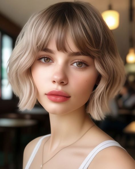 French Bob With Bangs Square Face, French Bob Blonde, Short Blonde Bob With Bangs, Blonde French Bob, Bob With Full Bangs, Haircut Ideas Brown Hair, Blonde Bob With Bangs, Twist Box Braids, Short Blonde Bobs