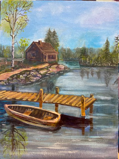 Lake House Painting, House By The Lake, Canvas Art Acrylic, By The Lake, Diy Canvas Art, Diy Canvas, Art Acrylic, House Painting, Painting Ideas