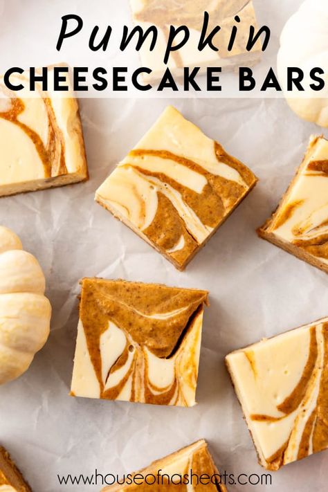 These creamy, swirled Pumpkin Cheesecake Bars are the most delicious fall dessert of them all and perfect for feeding a crowd. They are easy enough for beginning bakers and the best part is that there is no water bath required! #cheesecake #bars #pumpkin #pumpkincheesecake #pumpkincheesecakebars #pumpkinbars No Bake Pumpkin Bars, Cream Cheese Pumpkin Bars, Pumpkin Cookie Bars, Pumpkin Pie Cheesecake Bars, Pumpkin Cream Cheese Bars, Pumpkin Bars Recipe, Pumpkin Bar, Pumpkin Pie Bars Recipe, Plain Cheesecake