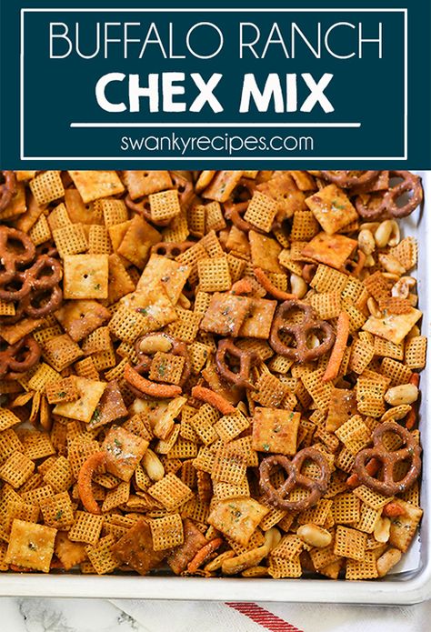 Buffalo Ranch Chex Mix - A spicy blend of cheese crackers, pretzels, nuts, and chex cereal tossed with ranch and buffalo sauce. Chec Mix Recipe Savory, Non Refrigerated Snacks, Ranch Chex Mix Recipes, Savory Chex Mix Recipes, Snacks Pretzels, Savory Chex, Ranch Chex, Homemade Chex Mix Recipe, Ranch Chex Mix