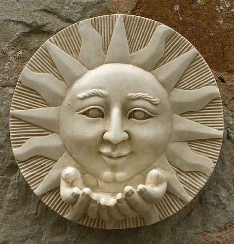 Garden Wall Plaques : Sun & Moon Wall Plaques : Sun Wall Plaque with Hands Sun Faces, Garden Wall Plaque, Carillons Diy, Sun Decor, Ceramic Sun, Moon Designs, Cerámica Ideas, Sun Face, Moon Wall