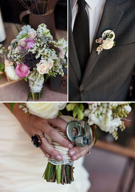 nuts and bolts in bouquet | nuts and bolt wedding bouquet and boutonniere Racetrack Wedding, Mechanics Wedding, Mechanic Wedding, Hot Rod Wedding, Racing Wedding, Dirt Bike Wedding, Car Themed Wedding, Wedding Ides, Motorcycle Wedding