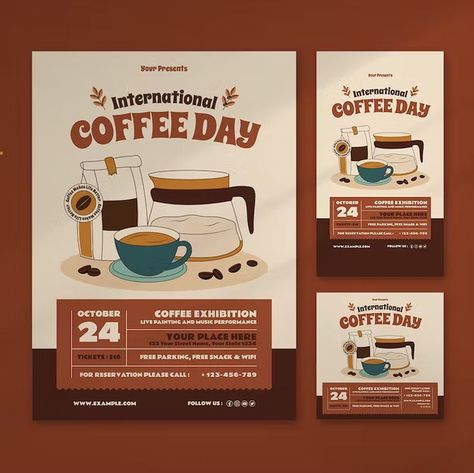 International Coffee Day Flyer Template Set AI, EPS, PSD Cafe Flyer Design, Coffee Newsletter, Coffee Flyer Design, Poster Design Coffee, Cafe Flyer, Coffee Flyer, Aesthetic Assignment Ideas, Pull Up Banner Design, Menu Coffee