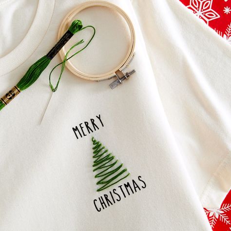 Hand-Stitched Christmas Tree T-Shirt Christmas Shirt Embroidery, Diy Christmas T-shirt, Christmas Tree Shirt Diy, Christmas Shirt Diy, Knitting Embellishments, Christmas Tshirt Designs, Christmas Embroidery Ideas, Best Ugly Christmas Sweaters, Ugly Christmas Sweater Ideas