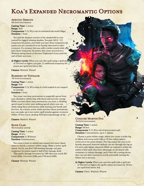 Koa’s Expanded Necromantic Options! 22 new necromancy spells to make necromancy a more valid school … | Necromancy spells, Necromancy, Dungeons and dragons homebrew Necromancy Spells Dnd, Necromancer Oc, Dnd Necromancer, D D 5e Homebrew, Necromancy Spells, Dm Notes, 5e Spells, Homebrew Spells, Dragons Aesthetic