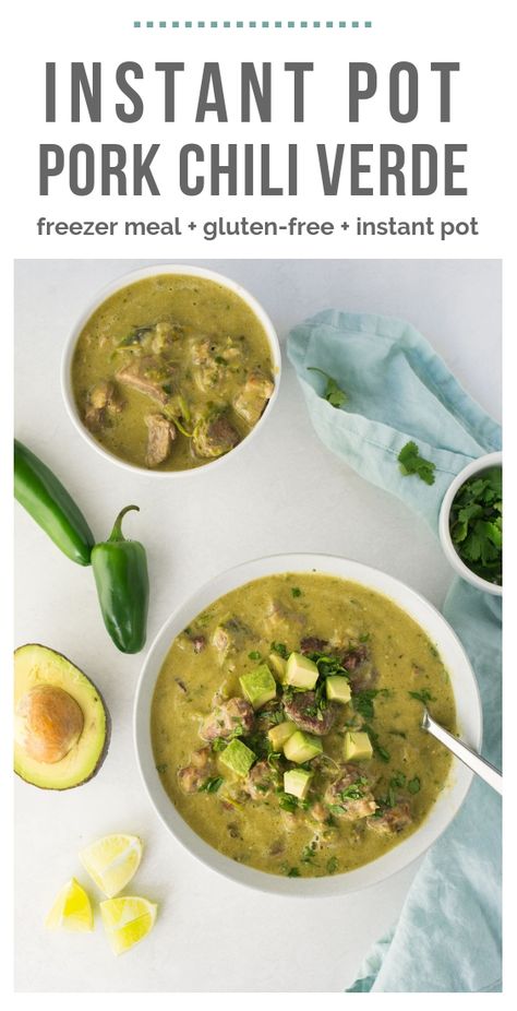 Instant Pot Pork Chili Verde. Roasted peppers and super tender pork come together for this authentic Mexican dish. Serve with rice or in a taco for an easy and delicious dinner recipe! via happymoneysaver.com #instantpot #dinner #freezermeal #weeknightmeal #mexican #pork #chiliverde #spicy Instapot Chili Verde Pork, Instant Pot Chili Verde Pork, Pork Green Chili Recipe Instant Pot, Instant Pot Chile Verde Pork, Chili Verde Instant Pot, Instant Pot Pork Green Chili, Instant Pot Chili Verde, Pork Chili Verde Recipe, Pork Chili Verde