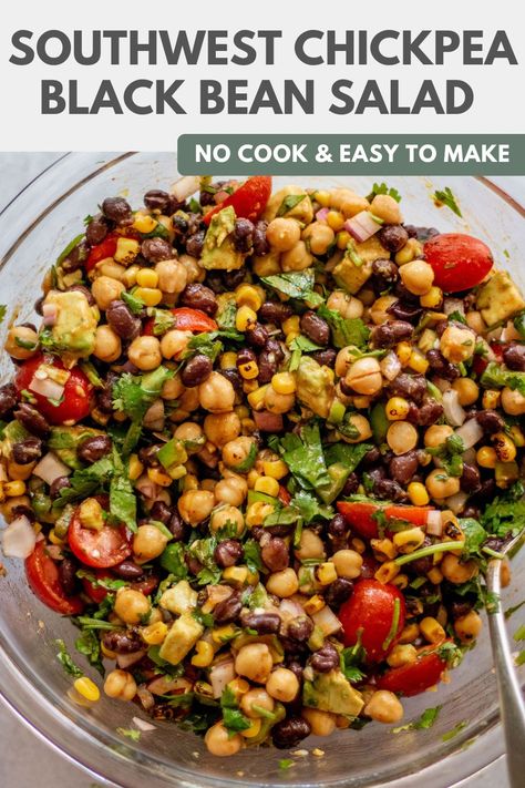 This Southwest Chickpea Black Bean Salad comes together in 15 minutes with a delicious zesty chili lime vinaigrette. Easy to make and prep for the week ahead! Southwest Chickpea Salad, Southwest Black Bean Salad, Chickpea Black Bean Recipes, Southwest Dense Bean Salad, Chickpea And Black Bean Salad, Chickpea And Black Bean Recipes, Chipotle Chicken Dense Bean Salad, Easy Dense Bean Salad, Best Bean Salad Recipe