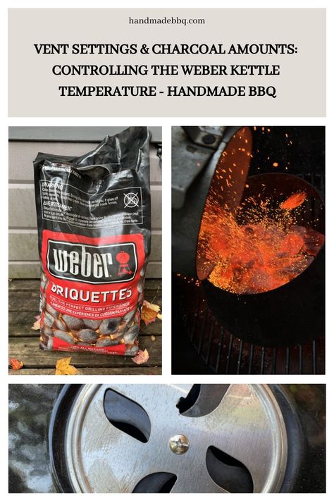 A bag of Weber charcoal briquettes next to a collage of a glowing charcoal grill and a close-up of an adjustable grill vent. Charcoal Grilling, Weber Kettle, Charcoal Briquettes, Kettle Grills, I Grill, Cooking Temperatures, Charcoal Grill, Bbq Recipes, Grilling