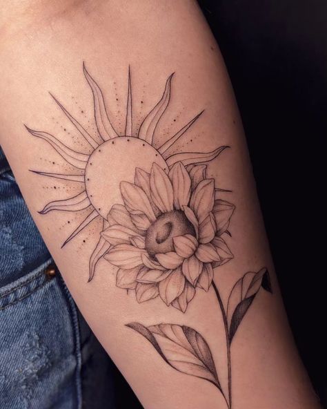 Sunflowers On Forearm Tattoo, Black Ink Sunflower Tattoo, 3 Sunflower Tattoo Design, Spiritual Sunflower Tattoo, Arm Tattoos For Women Nature, Sun Ad Moon Tattoo, Sunflower Sunrise Tattoo, Sun With Sunflower Tattoo, Sunflower Tattoo Aesthetic