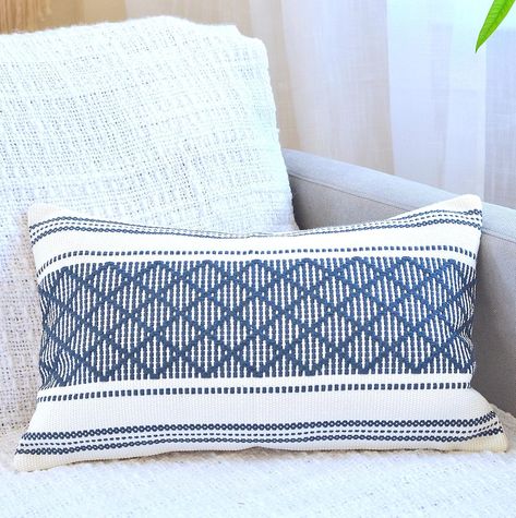 Amazon.com: Oveesha Cotton Woven Designer Lumbar Throw Pillow Cover (Color: Navy Blue/Cream White, Lumbar - 12 x 20 inches) | Oblong Small Rectangular Pillow Cover (Single Piece) : Home & Kitchen Rectangle Cushion, Woven Pillows, Rectangular Pillow Cover, Chair Pillow, Small Pillows, Pillow Cover Design, Couch Sofa, Lumbar Throw Pillow, White Pillows