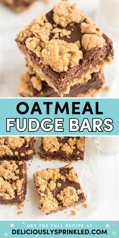 Whip up this easy back to school recipe! These fudge bars with oats are a fun afternoon snack. Dunked into some milk, these chocolate oatmeal bars are the perfect treat! Fudgy Oatmeal Bars, Mia Recipes, Oatmeal Fudge, Chewy Oatmeal Cookies Recipe, Chewy Oatmeal Cookie, Oatmeal Fudge Bars, Crumb Cakes, Oatmeal Bars Recipes, Chocolate Oatmeal Bars