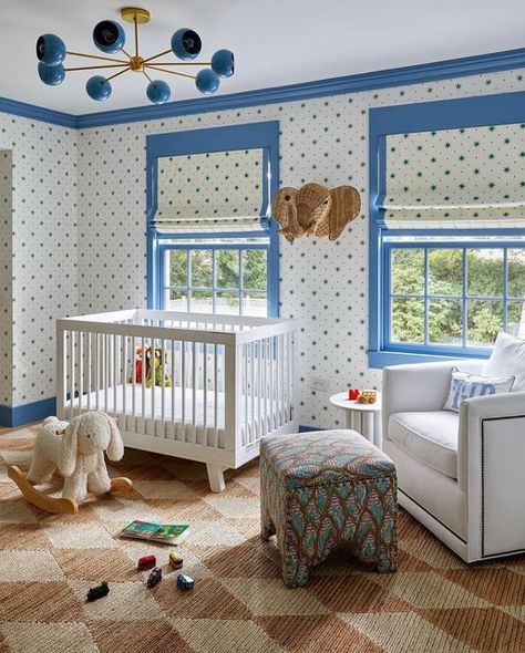 Sister Parish Design on Instagram: "The most magical nursery by @jenniferbeekhunter ! Shoot for the stars ⭐️💫 with our Serendipity wallpaper & fabric! It adds so much to any nursery. A SP nursery favorite. #sisterparishdesign #takeherhome 📸 @kirstenrfrancis" Sister Parish Serendipity Wallpaper, Sister Parish Serendipity, Sister Parish Wallpaper, Oliver Nursery, Serendipity Wallpaper, Magical Nursery, Nursery Ideas Boy, Nursery Blue, Sister Parish