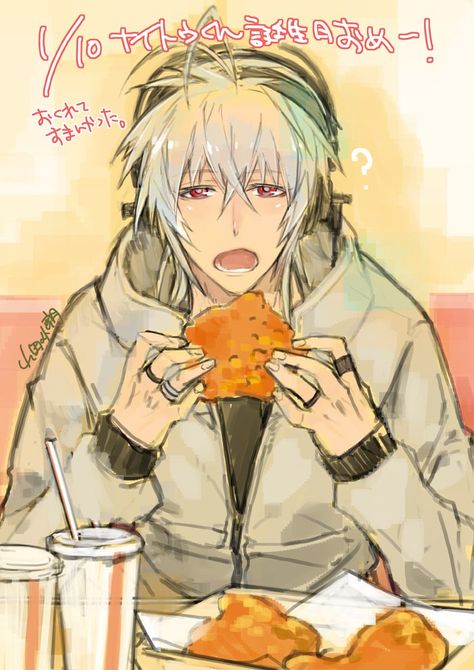 1boy ? antenna_hair bright_pupils eating fried_chicken happy_birthday headphones hood hooded_jacket jacket long_hair looking_at_viewer mascot naitou-kun nitro+_chiral open_mouth red_eyes silver_hair sitting soda_cup table text translation_request upper_body yamada_uiro Nitro Chiral, I Know The Truth, Interest Board, Soda Cup, Sensory Issues, Open Mouth, Life Is Strange, Jacket Long, Picture Search