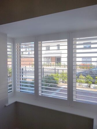 Bay Window Shutters Clongriffin Dublin 17 #shutters #baywindows #signatureblinds Shutters In Living Room, Window Shutters Inside, Shutters Bay Window, Wooden Shutters Bay Window, Whote Blinds Bay Window, Solid Shutters Bay Window, Square Bay Window, Shutters Inside, Bay Window Shutters