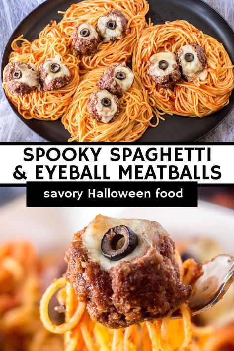 Halloween Themed Spaghetti, Pasta Halloween Food, Gross Halloween Dinner Ideas, Spooky Spaghetti And Meatballs, Meatball Eyeballs Halloween, Halloween Spaghetti And Meatballs, Halloween Pasta Recipes, Eyeball Spaghetti, Eyeball Pasta