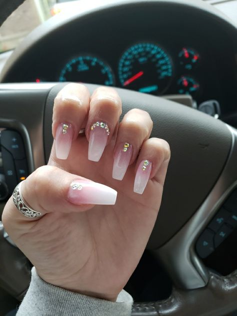 Long Ombre Nails Coffin, Acrylic Nail Designs Coffin Ombre, Ombre Nails With Rhinestones Bling, French Ombre Nails Coffin Rhinestones, French Ombre Rhinestone Nails, White Ombre With Rhinestones, Pink And White Ombre Nail Designs With Rhinestones, French Ombre With Design, Ombre French With Rhinestones