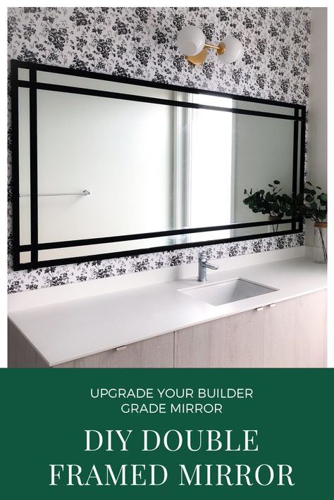 Framed Out Bathroom Mirror, Bathroom Mirror Alternatives, Moulding Around Bathroom Mirror, Budget Bathroom Mirror, Contractor Grade Mirror Makeover, Repurposed Bathroom Mirror, Bathroom Long Mirror Ideas, Big Mirror Frame Ideas, Unique Towel Bars Bathroom Ideas