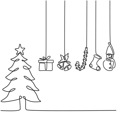 One Line Christmas Tree, Xmas Line Art, Line Art Christmas Tree, Christmas Line Art Simple, Christmas Tree Line Art, Winter Line Art, Cute Easy Christmas Drawings, Christmas Ornaments Drawing, Christmas Line Drawings