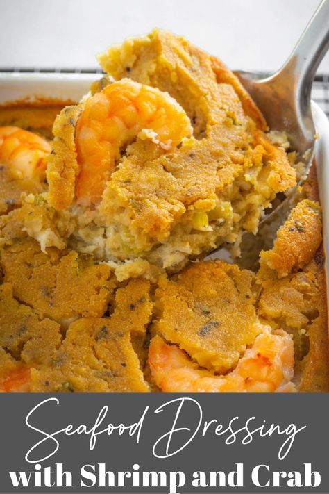 This Seafood Dressing is a classic Southern side dish recipe made with cornbread and the Louisiana Holy Trinity vegetables including celery, green peppers, and onion. Load this with shrimp, crab, and even lobster! This is perfect for soul food dinners, Thanksgiving, or any gathering. Seafood Cornbread Dressing Louisiana, Louisiana Side Dishes, Seafood Dressing Recipe Cornbread, Seafood Dressing Recipe Louisiana, Seafood Dressing Louisiana, Shrimp Dressing Recipe, Cajun Thanksgiving Dishes, Seafood Stuffing Recipes, Seafood Cornbread Dressing