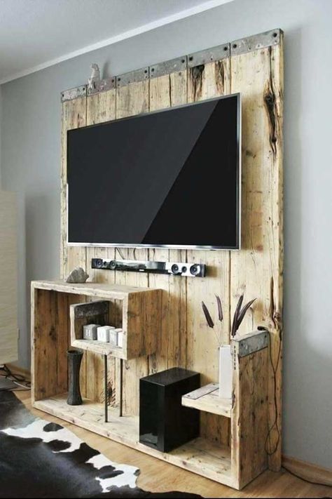 Do you already have ideas for your weekend project? How about replacing your old TV stand with a new one? You can make these #DIY #TV #stand by yourself!  #DIYTVStand #WeekendProject #HomeDecor #PalletWood #WoodCrate Pallet Walls, Diy Entertainment, Diy Tv Stand, Wood Pallet Wall, Wooden Pallet Furniture, Diy Tv, Diy Entertainment Center, Design Del Prodotto, Wall Cladding