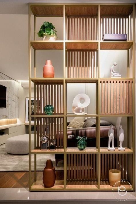 Room Separator Shelves, Partition Furniture Design, Separators For Living Room, Partition Design Living Rooms, Wooden Separator, Space Separator, Room Separator Ideas, Wooden Partition Design, Living Room Separator Ideas