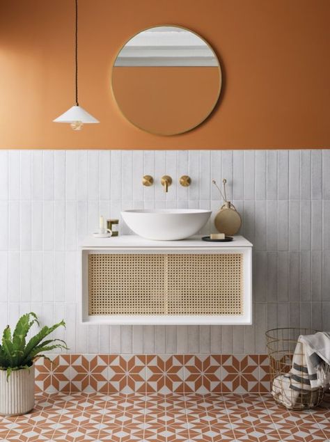 Small Bathroom Tile Ideas, Small Bathroom Tiles, Orange Bathrooms, Glazed Brick, Mid Century Bathroom, White Bathroom Tiles, Downstairs Toilet, Small Toilet, Brick Tiles