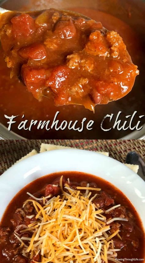 Collage of hearty Farmhouse Style Chili in a pot on a spoon and in a white bowl with cheese. Chili Recipe With Tomato Juice, Stove Top Chili Recipe, Meaty Chili Recipe, Stove Top Chili, Stovetop Chili Recipe, Mild Chili Recipe, Unique Chili, Recipe Using Tomatoes, Tomato Juice Recipes