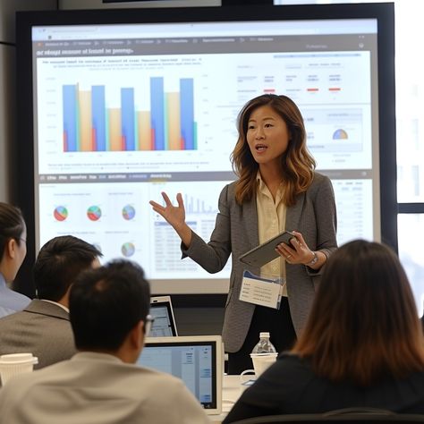 Business Presentation Success: Confident businesswoman presenting colorful data charts to attentive colleagues during an engaging corporate training session. #business #presentation #woman #training #corporate #data #graphs #charts #aiart #aiphoto #stockcake https://ayr.app/l/V9CE Confident Presentation, Woman Giving Presentation, Real Reference, Success Images, Marketing Project, Vision Bored, Interactive Presentation, A M, Data Charts