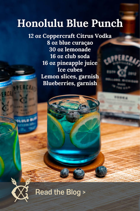 If you want to make your own, follow our recipe, or grab the canned cocktail version.  12 oz Coppercraft Citrus Vodka 8 oz blue curaçao 30 oz lemonade 16 oz club soda 16 oz pineapple juice Ice cubes Lemon slices, garnish Blueberries, garnish  In a big punch bowl, combine Coppercraft Citrus Vodka, blue curaçao, lemonade, and pineapple juice. Stir well to blend the flavors. Before serving, gently stir in the club soda or lemon-lime soda for some fizz. Add lemon slices and blueberries for garnish. Blue Shots Recipe, Blueberry Cocktail Recipes, Blue Curacao Recipe, Blue Lemon Drop Drink, Detroit Lions Blue Drink, Blue Cocktail Recipes, Cocktail Recipes With Blue Curacao, Uv Blue Mixed Drinks, Drinks With Uv Blue Vodka