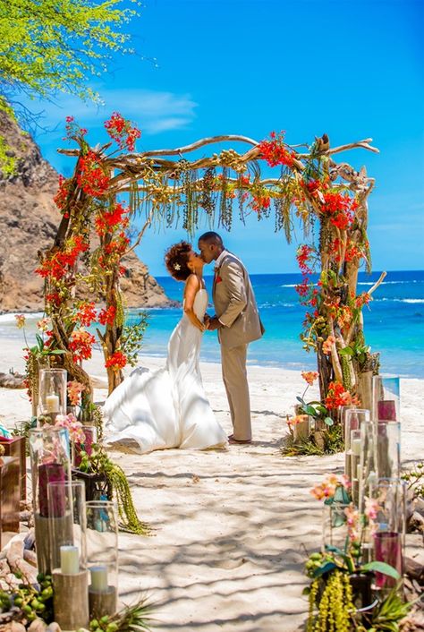 15 Unique Ways to Plan a Tropical-Themed Wedding | Brit + Co Yellow Wedding Theme, Wedding Ceremony Ideas, Beach Wedding Reception, Costa Rica Wedding, Wedding Ceremony Arch, Wedding Altars, Caribbean Wedding, Beach Ceremony, Destination Wedding Locations