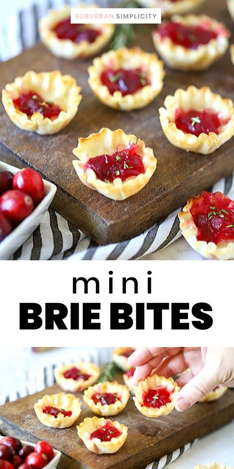 Brie Cranberry Appetizer, Phyllo Dough Cups, Cranberries Sauce, Philo Pastry, Philo Dough, Cranberry Brie Bites, Cranberry Bites, Phyllo Dough Recipes, Brie Cranberry