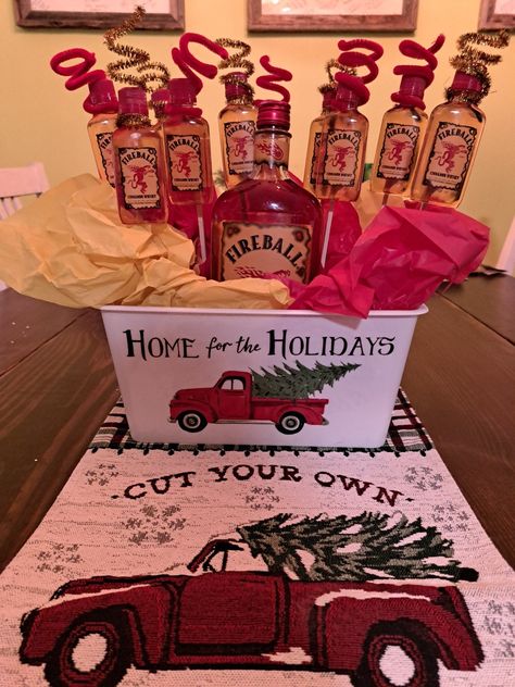 All done for under $30. Fireball Gift Basket, Christmas Craft, Gift Basket, Gift Baskets, Christmas Crafts, Craft Ideas, Christmas, Gifts