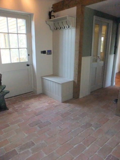 Mudroom entry with brick terracotta tiles flooring. French Country Mudroom, Brick Pavement, Brick Herringbone Floor, Rustic Floors, Cottage Hallway, Boot Room Utility, Lime Wash Brick, Hallway Tiles Floor, Terracotta Flooring