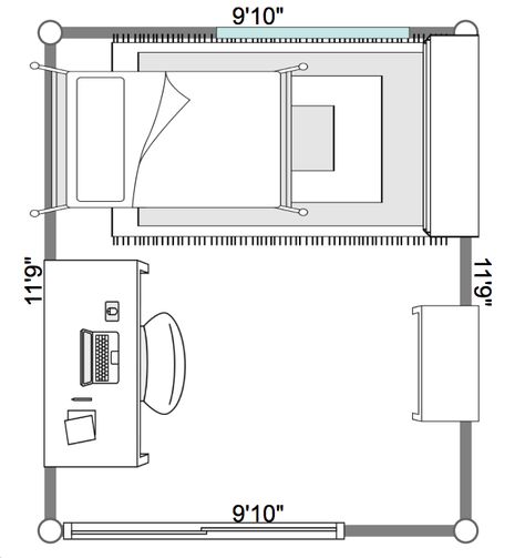 This layout includes a larger workspace with storage drawers. Any of the furniture can be moved around as needed. A dresser could fit across from the bed and the Lego cart could be placed next to the KALLAX unit. There is also room for a traditional nightstand, if needed. 10x10 Bedroom Layout Full Bed, Lego Cart, Traditional Nightstand, Kallax Unit, Small Apartment Room, Bedroom Layout Design, Apartment Designs, Small Bedroom Layout, Bedroom Drawing