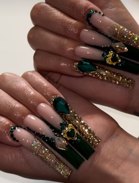 Emerald Green Black And Gold Nails, Birthday Nails Emerald Green, Emerald Green Rhinestone Nails, Emerald Green And Gold Prom Nails, Deep Green Nails Acrylic, Gold And Green Prom Nails, Emerald Green And Gold Acrylic Nails, Gold And Green Prom, Emerald Green Holiday Nails