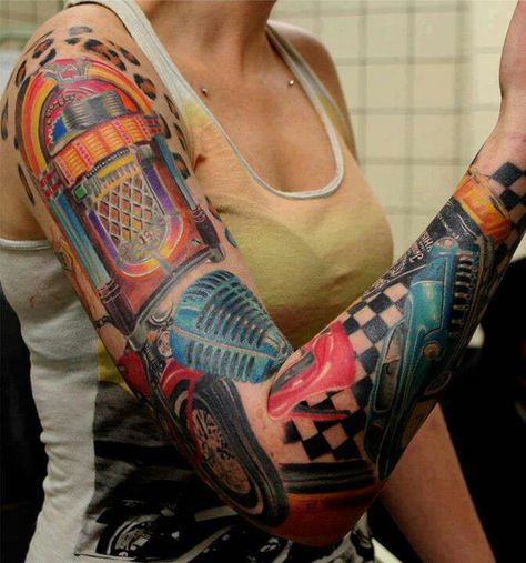 Rockabilly tattoos Rockabilly Tattoo Sleeve, Rockabilly Tattoo Designs, Rockabilly Tattoos, Hot Rod Tattoo, Rockabilly Tattoo, Flame Tattoos, Theme Tattoo, Incredible Tattoos, Badass Tattoos