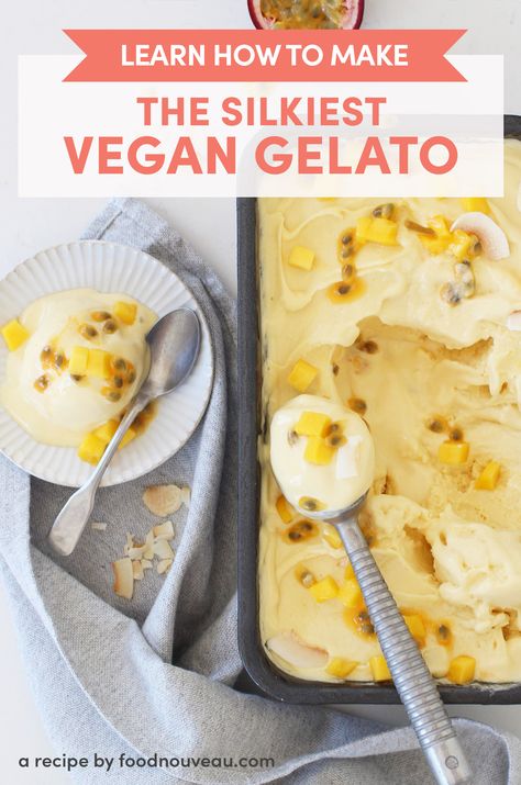 Passion Fruit Gelato, Gelato Base Recipe, Dairy Free Gelato, Vegan Gelato, How To Make Gelato, Gelato Recipe, Fruity Treats, Frozen Dessert Recipe, Sorbet Recipes