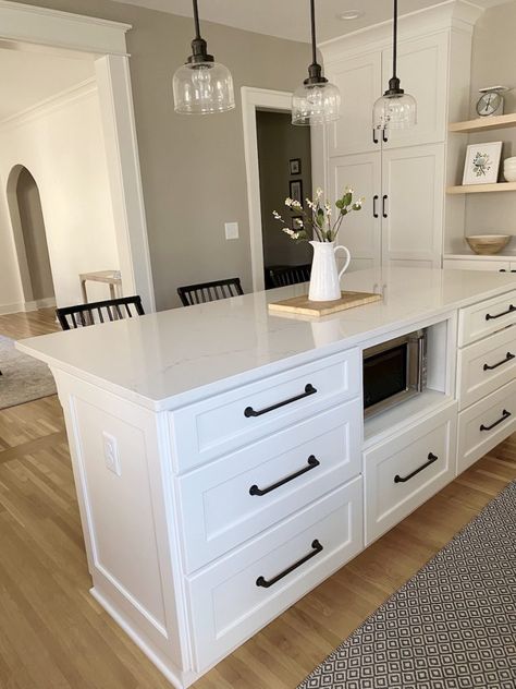 Home Hardware Kitchens, White Shaker Farmhouse Kitchen, Black Hardware Kitchen White Cabinets, White Kitchen Cabinets With Drawers, Off White Kitchen Black Handles, Black Pulls White Cabinets, White Cabinets Black Pulls Kitchen, Not White Cabinets Kitchen, Off White Kitchen With White Cabinets