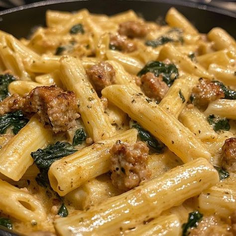 Sausage And Spinach Pasta, Blended Coffee Recipes, Sausage Penne Pasta, Sausage Penne, Sausage And Spinach, Italian Sausage Pasta, Spinach Pasta, Fresh Spinach, Alfredo Pasta